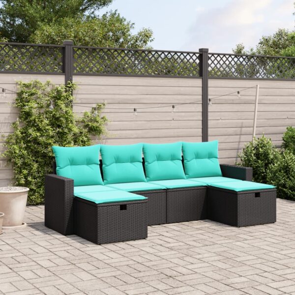 vidaXL 6 Piece Patio Sofa Set with Cushions Black Poly Rattan
