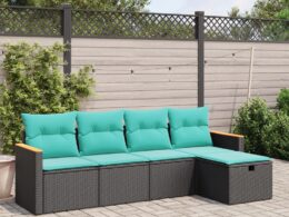 vidaXL 5 Piece Patio Sofa Set with Cushions Black Poly Rattan