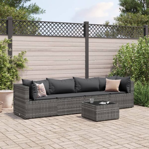 vidaXL 5 Piece Patio Lounge Set with Cushions Gray Poly Rattan