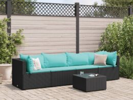 vidaXL 5 Piece Patio Lounge Set with Cushions Black Poly Rattan