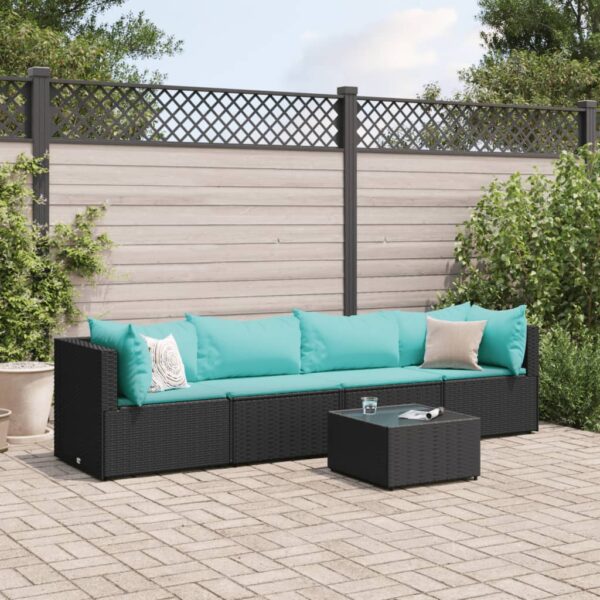 vidaXL 5 Piece Patio Lounge Set with Cushions Black Poly Rattan
