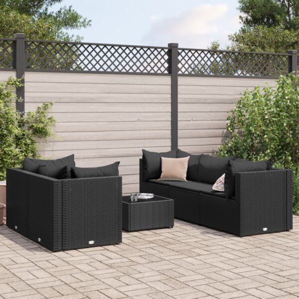 vidaXL 6 Piece Patio Lounge Set with Cushions Black Poly Rattan