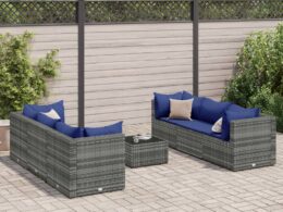 vidaXL 7 Piece Patio Lounge Set with Cushions Gray Poly Rattan