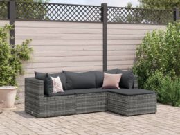 vidaXL 4 Piece Patio Lounge Set with Cushions Gray Poly Rattan