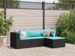 vidaXL 4 Piece Patio Lounge Set with Cushions Black Poly Rattan