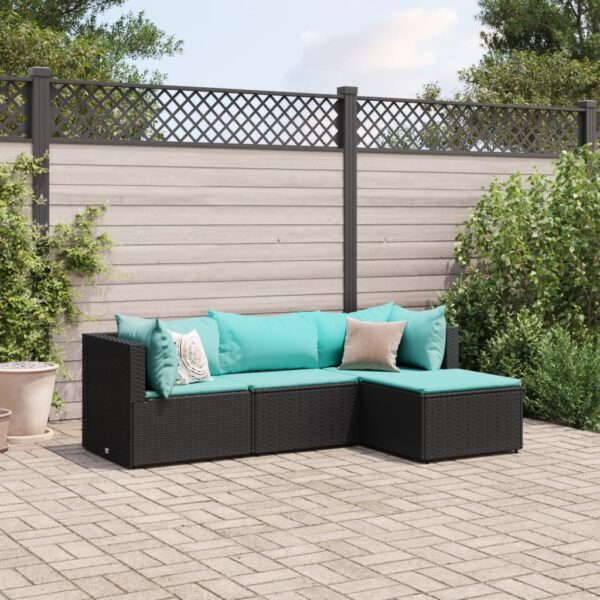vidaXL 4 Piece Patio Lounge Set with Cushions Black Poly Rattan