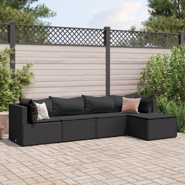 vidaXL 5 Piece Patio Lounge Set with Cushions Black Poly Rattan