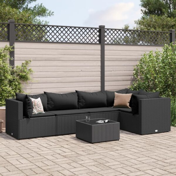 vidaXL 6 Piece Patio Lounge Set with Cushions Black Poly Rattan