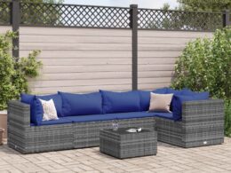 vidaXL 6 Piece Patio Lounge Set with Cushions Gray Poly Rattan