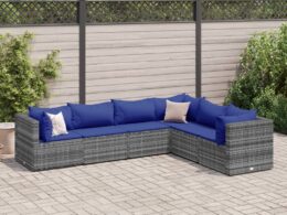 vidaXL 6 Piece Patio Lounge Set with Cushions Gray Poly Rattan