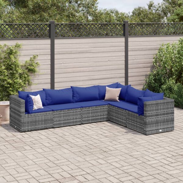 vidaXL 6 Piece Patio Lounge Set with Cushions Gray Poly Rattan