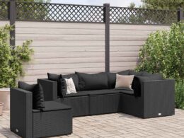 vidaXL 5 Piece Patio Lounge Set with Cushions Black Poly Rattan