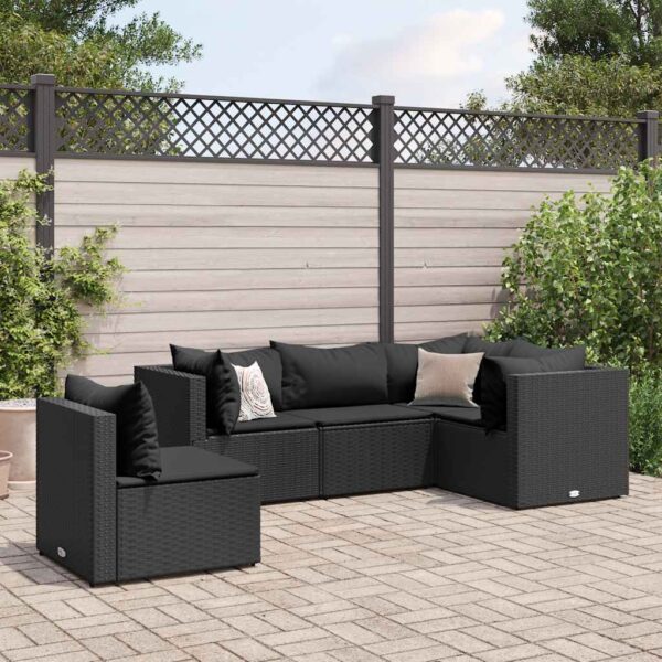vidaXL 5 Piece Patio Lounge Set with Cushions Black Poly Rattan