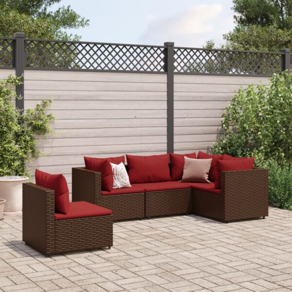 vidaXL 5 Piece Patio Lounge Set with Cushions Brown Poly Rattan