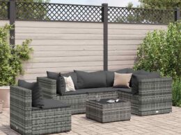 vidaXL 6 Piece Patio Lounge Set with Cushions Gray Poly Rattan