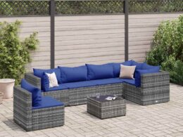 vidaXL 7 Piece Patio Lounge Set with Cushions Gray Poly Rattan
