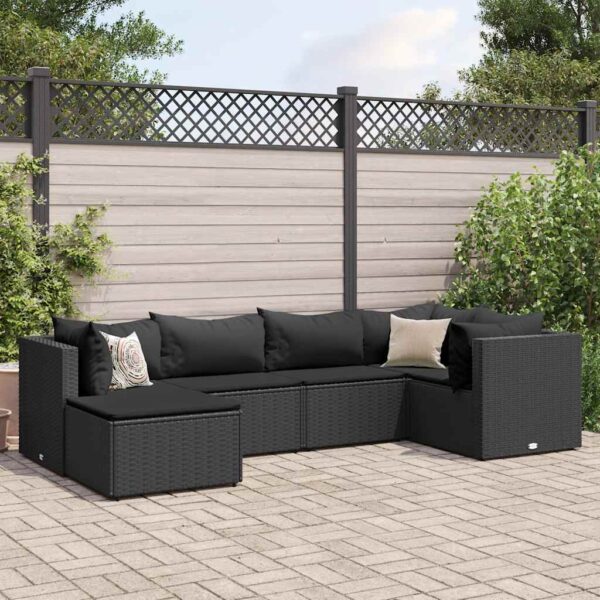 vidaXL 6 Piece Patio Lounge Set with Cushions Black Poly Rattan