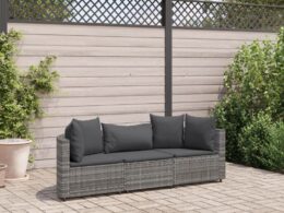 vidaXL 3 Piece Patio Sofa Set with Cushions Gray Poly Rattan