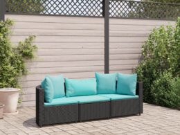 vidaXL 3 Piece Patio Sofa Set with Cushions Black Poly Rattan