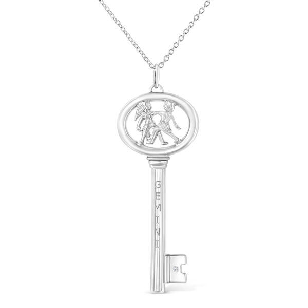 .925 Sterling Silver Diamond Accent Gemini Zodiac Key 18" Pendant Necklace (K-L Color, I1-I2 Clarity)