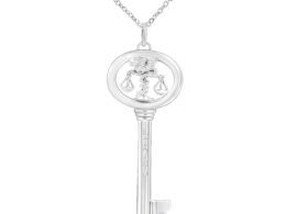 .925 Sterling Silver Diamond Accent Libra Zodiac Key 18" Pendant Necklace (K-L Color, I1-I2 Clarity)