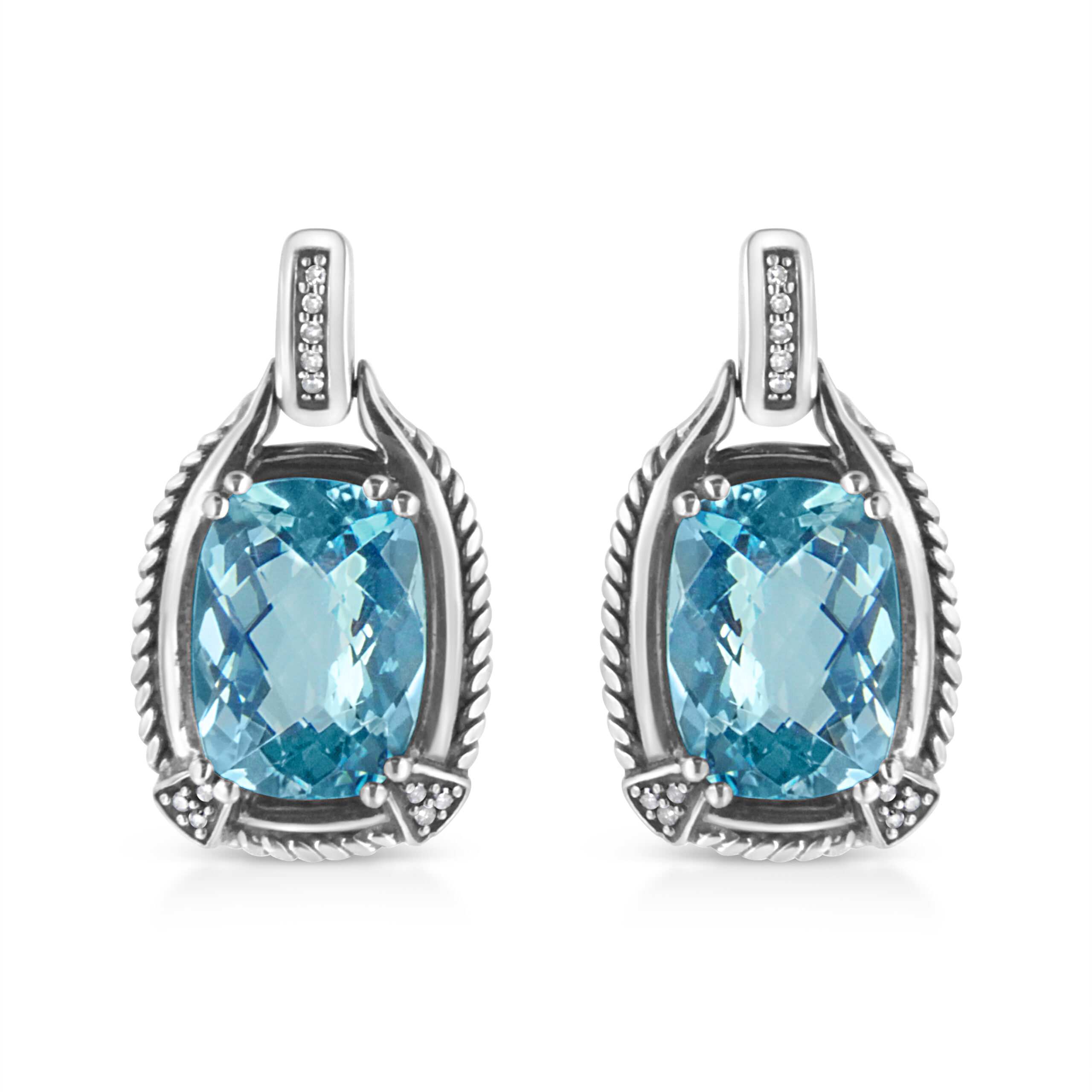 .925 Sterling Silver 14x10MM Cushion Cut Blue Topaz Gemstone and Diamond Accent Dangle Earring (I-J Color, I1-I2 Clarity)