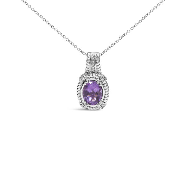 .925 Sterling Silver 9x7mm Oval Purple Amethyst and Round Diamond Accent Fashion Drop Pendant 18 Inch Necklace (I-J Color, I1-I2 Clarity)