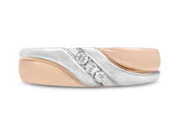 10K White and Rose Gold 1/10 Cttw 3-Stone Tension Slant Band Matte Finish Ring for Men (I-J Color, I2-I3 Clarity) - Size 10.25