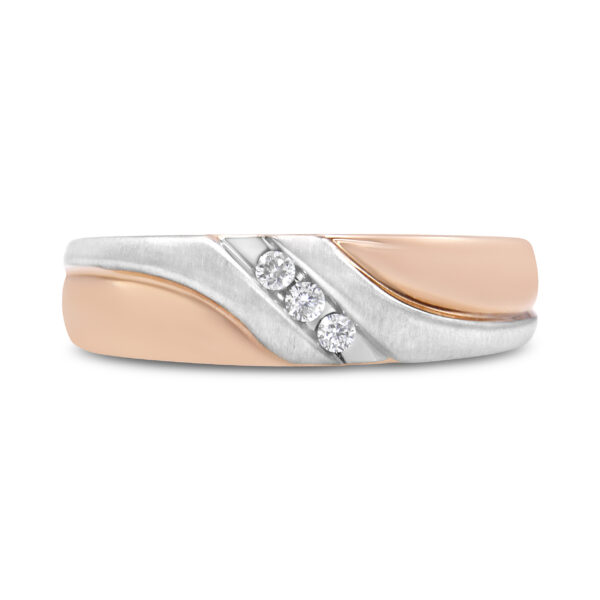 10K White and Rose Gold 1/10 Cttw 3-Stone Tension Slant Band Matte Finish Ring for Men (I-J Color, I2-I3 Clarity) - Size 10.25