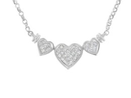 14K White Gold 1.0 Cttw Princess Cut Diamond Three Heart 18" Statement Pendant Necklace (H-I Color, SI2-I1 Clarity)