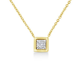 10K Yellow Gold Plated .925 Sterling Silver 1/10 Cttw Miracle Set Round Diamond Square Box Shape 18" Pendant Necklace (K-L Color, I2-I3 Clarity)