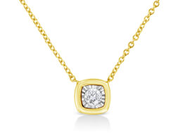 10K Yellow Gold Plated .925 Sterling Silver 1/10 Cttw Miracle Set Round Diamond Cushion Shape 18" Pendant Necklace (K-L Color, I2-I3 Clarity)