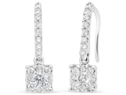 14K White 1/2 Cttw Round Diamond Halo Dangle Hook Earring - (H-I Color, SI2-I1 Clarity)