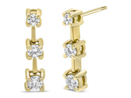 14K Yellow Gold 1/2 Cttw Round Diamond 3 Stone Graduated Linear Drop Past, Present and Future Stud Earrings (H-I Color, SI1-SI2 Clarity)