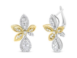 14K White and Yellow Gold 1.00 Cttw Round Pave-Set Diamond Teardrop and Marquise Shape Drop Dangle Earrings (H-I Color, SI1-SI2 Clarity)