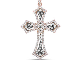 14K Rose Gold and Black Rhodium 1.0 Cttw Diamond Ornate Vintage St. James Budded Cross Pendant 18" Necklace - (Brown/H-I Color, SI1-SI2 Clarity)