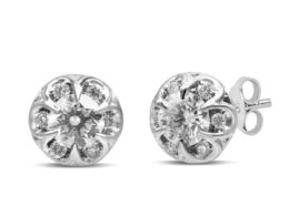 14K White Gold 3/4 Cttw Round Cut Diamond Halo Cluster Stud Earrings (I-J Color, I1-I2 Clarity)