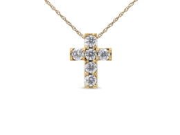 14K Yellow Gold 1/2 Cttw Round Brilliant Cut Diamond Mini Cross 18" Pendant Necklace (J-K Color, VS2-SI1 Clarity)