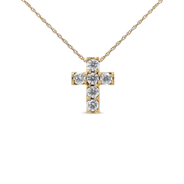 14K Yellow Gold 1/2 Cttw Round Brilliant Cut Diamond Mini Cross 18" Pendant Necklace (J-K Color, VS2-SI1 Clarity)