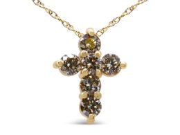 14K Yellow Gold 1/2 Cttw Round-Cut Diamond Mini Cross 18" Pendant Necklace (J-K Color, VS2-SI1 Clarity)