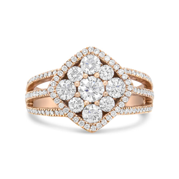 18K Rose Gold 1 1/4 Cttw Diamond Halo Cluster Split Shank Ring Band (F-G Color, VS1-VS2 Clarity) - Ring Size 6.5