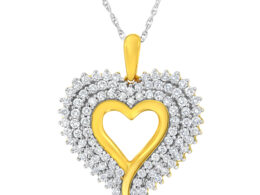 10K Yellow and White Gold Plated Sterling Silver 1 cttw Lab Grown Diamond Heart Pendant Necklace (F-G Color, VS2-SI1 Clarity)