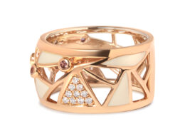 14K Rose Gold 1/3 Cttw Diamond and Pink Tourmaline Cigar Band Ring with White Enamel (G-H Color, SI1-SI2 Clarity)