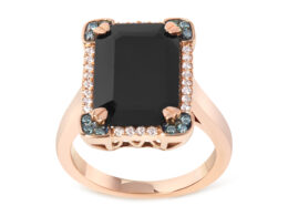 14K Rose Gold 15x10 MM Emerald-Cut Black Onyx and 1/5 Cttw Blue and White Diamond Halo Cocktail Ring (G-H Color, SI1-SI2 Clarity)- Size 7