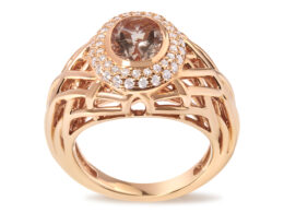 14K Rose Gold Oval Cut Light Pink Morganite and 3/8 Cttw Diamonds Halo and Basket Weave Cocktail Ring (G-H Color, SI1-SI2 Clarity) - Size 7