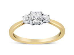 14K Yellow Gold 3/4 Cttw Cushion and Round-Cut Diamond Bostonian Style 3 Stone Engagement Ring (I-J Color, SI2-I1 Clarity) - Size 7