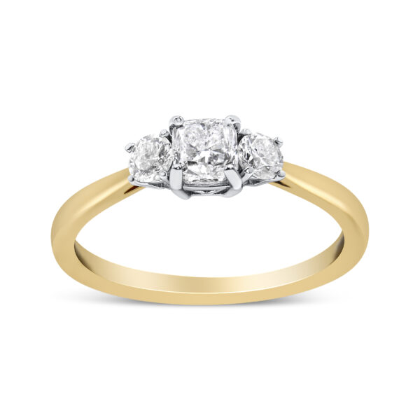 14K Yellow Gold 3/4 Cttw Cushion and Round-Cut Diamond Bostonian Style 3 Stone Engagement Ring (I-J Color, SI2-I1 Clarity) - Size 7