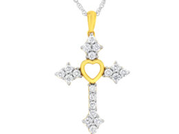 10k Yellow Gold Plated Sterling Silver 3/4 cttw Lab Grown Diamond Cross Pendant Necklace (F-G Color, VS2-SI1 Clarity)