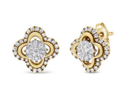 14K Yellow and White Gold 1.00 Cttw Diamond Vintage Style Fleur De Lis Halo Stud Earrings (H-I Color, SI2-I1Clarity)