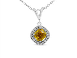 14K White Gold 1 1/5 Cttw Yellow Radiant Lab Grown Diamond Floating Halo Rhombus Shaped 18" Pendant Necklace (Yellow/G-H Color, VS1-VS2 Clarity)